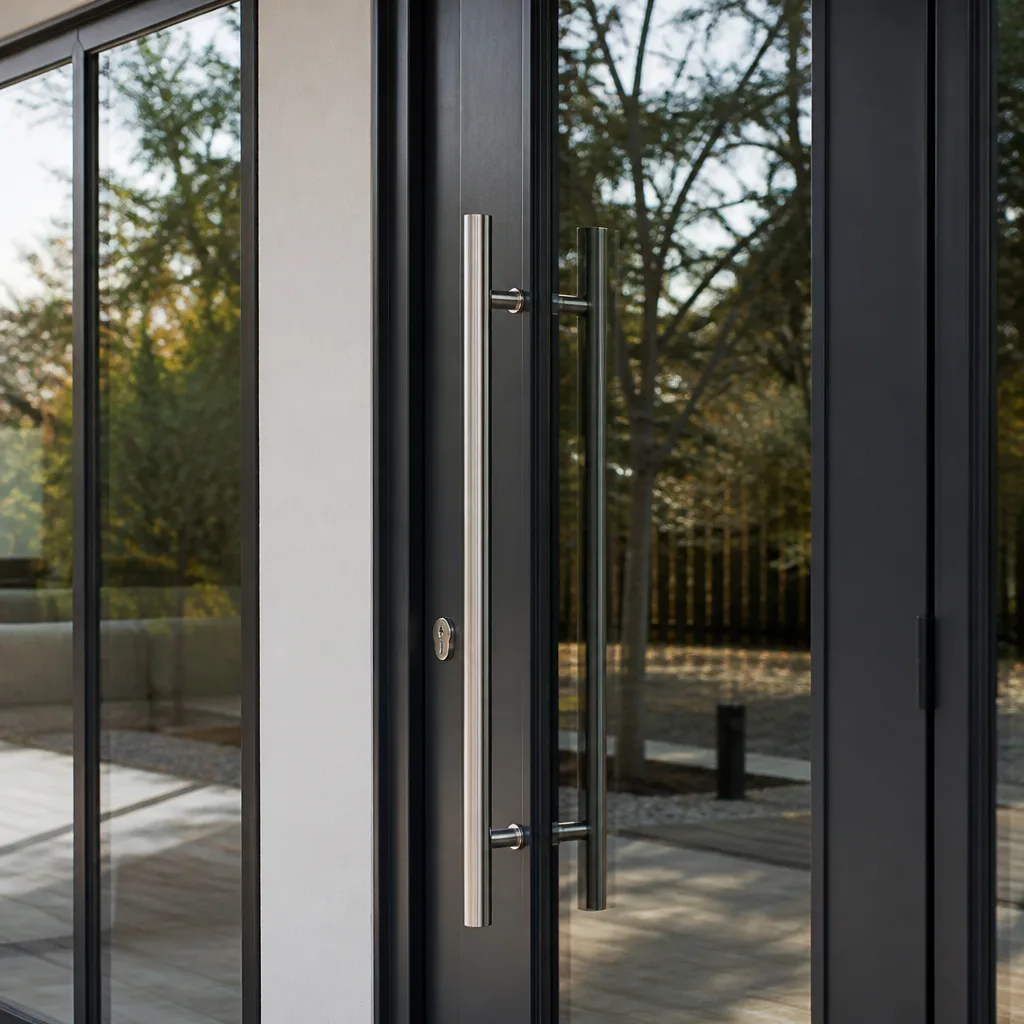 Modern glass door with stainless steel handle installed in building exterior