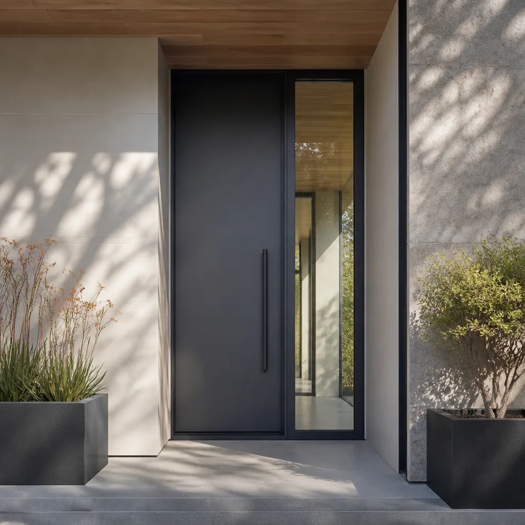 Modern minimalist black front door installed in a contemporary home entrance