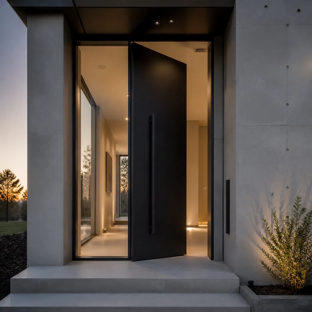 Modern oversized black pivot front door at sunset