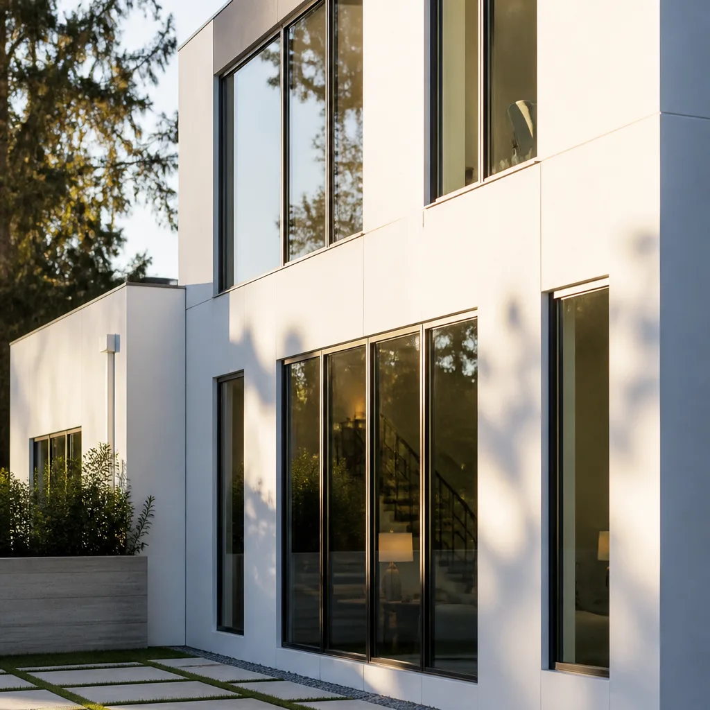 Modern home exterior with professionally installed luxury black-frame windows and doors in Sacramento, CA