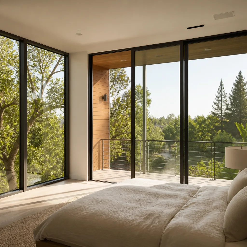 Modern floor-to-ceiling glass sliding doors in a contemporary bedroom