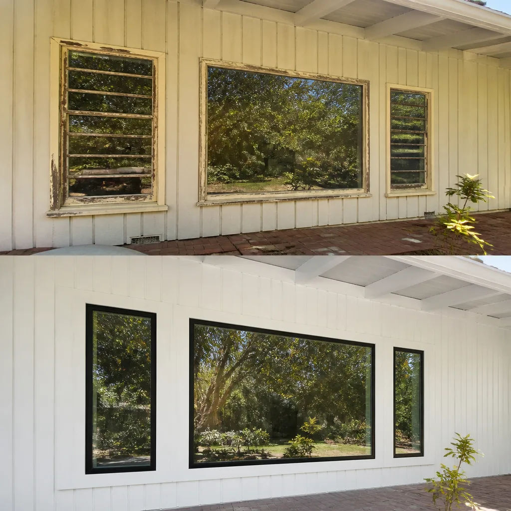 Residential window replacement before and after with modern black frame windows