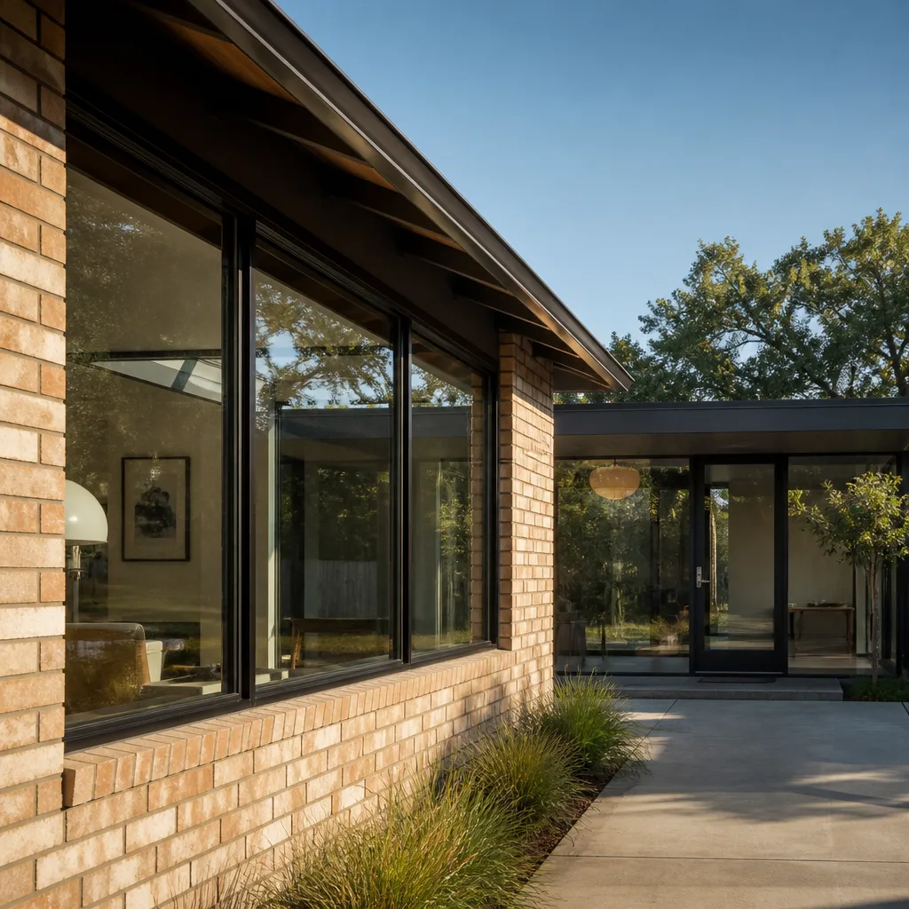 Modern home exterior featuring professional window replacement and sleek glass door installation